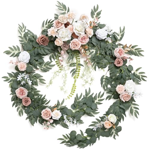 Lings moment 9FT Spring Flower Garland for Backdrop Decorations - Wedding Arch Flowers Eucalyptus & Rose Artificial Floral Garland for Mantle - Sweetheart Table Decor for Reception Dusty Rose