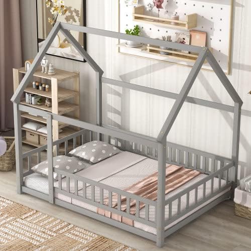 Miniatura 18 de Cama de suelo de tamaño matrimonial con valla para niños pequeños, cama Montessori con techo de casa, marco de cama de piso de madera matrimonial