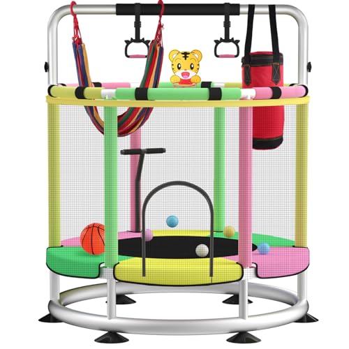 Image of Trampoline for Kids, Adjustable Baby Toddler Trampoline with Basketball Hoop, Round Bottom Indoor Outdoor Toddler with Enclosure