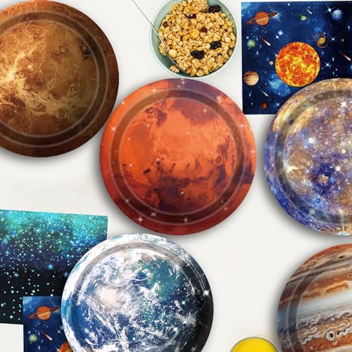 Space Theme Party Decorations 100Pcs Galaxy Planet Outer Space Disposable Plates and Napkins for Kids Space Solar System Planets Baby Shower Birthday Party Decorations, 9inch