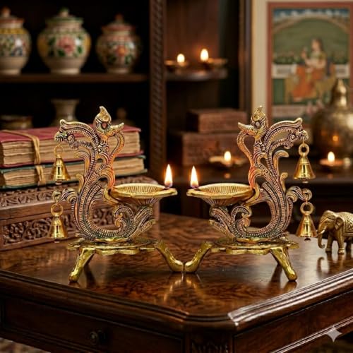 Image of Saudeep India Oxidized Metal Diya for Puja | Brass Oil Diwali Lamp in Peacock Design Perfect Gift Item | Antique Decorative Akhand Diya Home Decor Temple Pooja Room 14x9x20cm (Pair Export Quality)