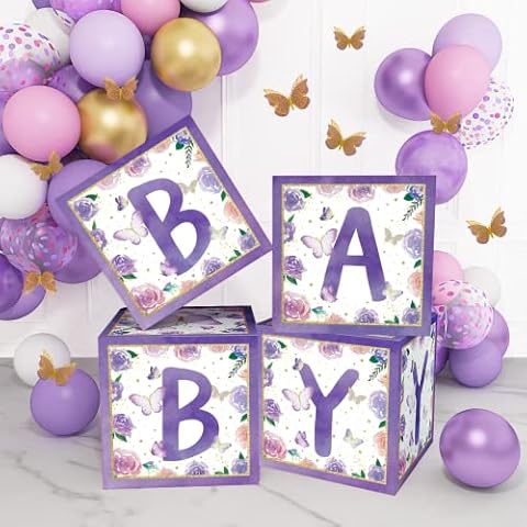 Purple Butterfly Baby Balloons Boxes Decorations for Girl Baby Shower, Pink and Purple Balloons 3D Butterfly Baby Blocks Boxes with Letters for Purple Baby Shower 1st Birthday Party Decorations Cover