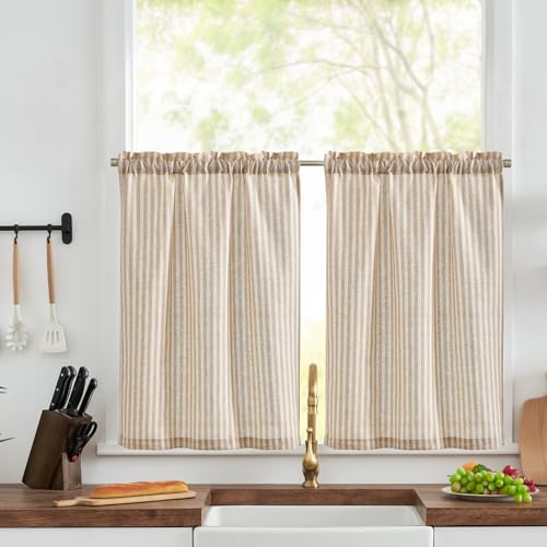 TOPICK Tende a righe in lino con strisce, opache, per cucina, sala da pranzo, bagno, piccola finestra, 65 x 60 H (cm) marrone su beige