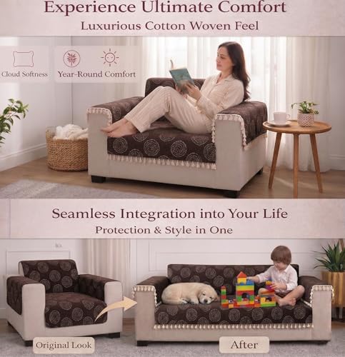 Image of STITCHNEST Woven Fabric Sofa Cover 2 Seater with 2 Hand Rest Covers - Washable Brown Sofa Cover with Tassels - Durable Premium Fabric - Stylish Sofa Protector for Living Room & Furniture Decor