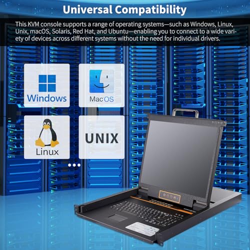 Image of 19-Inch Rackmount KVM Console, 1U Rack Mount Monitor and Keyboard HDMI 16 Port KVM Switch, OSD /Hotkey /Button Switching, Includes Cables, Compatible with Windows,Linux,Mac,Sun