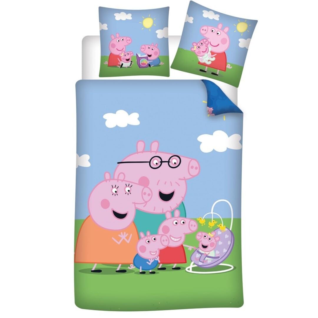 Copripiumino singolo Peppa Pig Family, copripiumino 140 x 200 cm + federa 65 x 65 cm, poliestere cotone