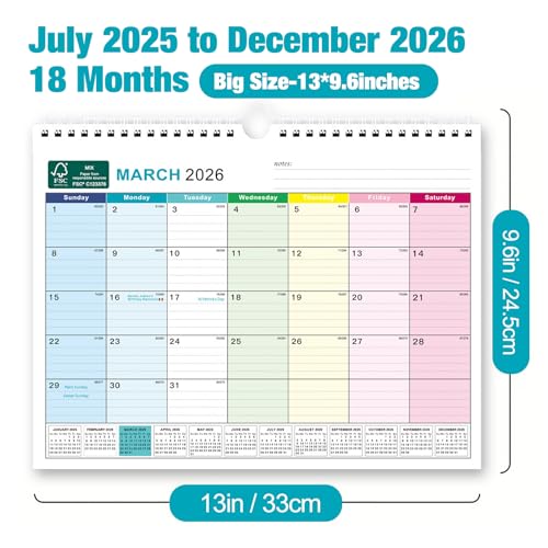 boct wall calendar 2025-2026 - includes july 2025 to december 2026-18 monthly daily planner 13 x 96 inches julian dates for new year christmas gifts