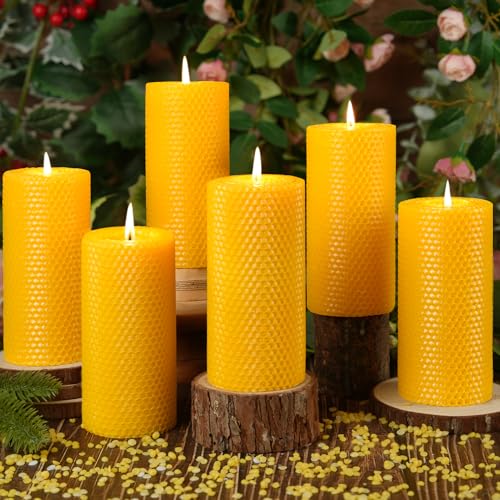 Image of Beeswax Pillar Candles,Non-Toxic Honeycomb Bees Wax Candle for Home,Yellow | 2.8x6 inch,6 Pack,258 H long clean Burning,100% Pure,natural unscented, smokeless,candle for home, emergency, prayer, dinner