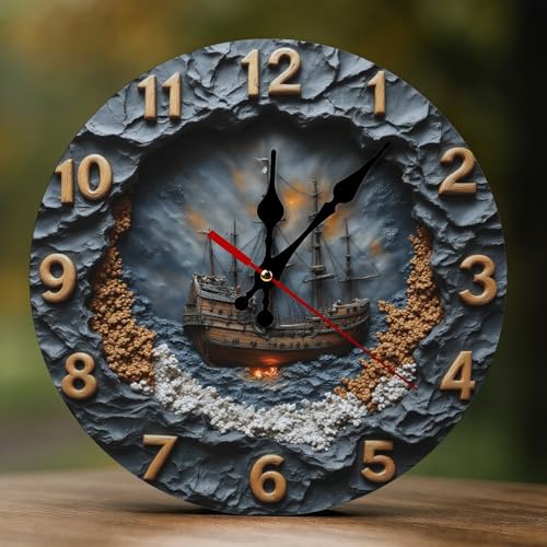 Relojes de pared decorativos que funcionan con pilas, 25,4 cm, moderno, de madera, vintage, barco pirata, impresión 2D, sin tictac, silenciosos, relojes de pared para sala de estar, dormitorio