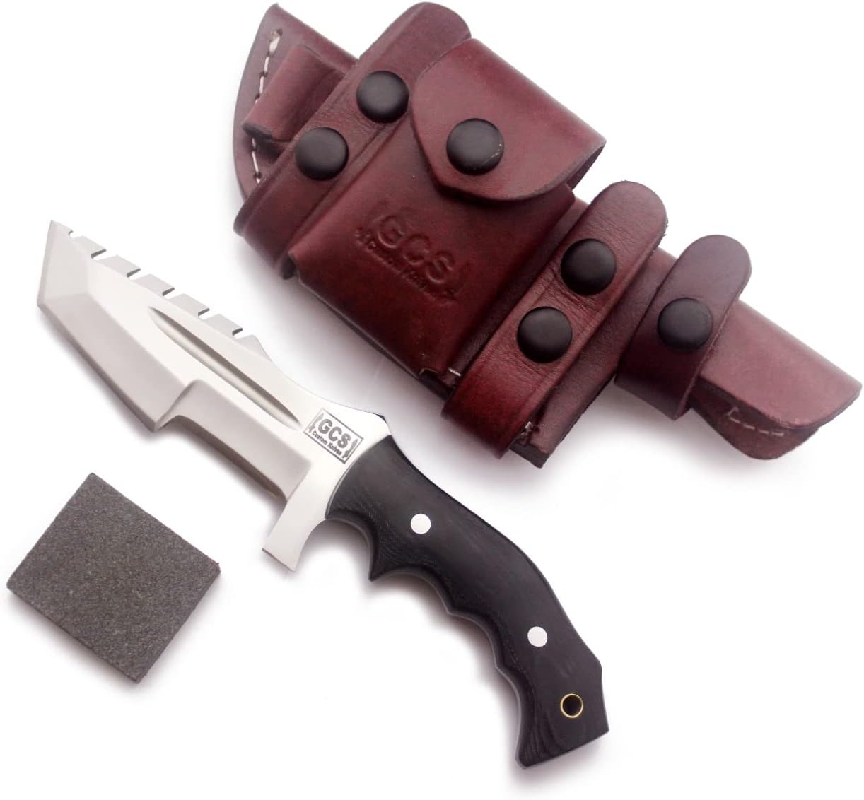 GCS Handmade D2 steel Hunting Knife G10 Handle Fixed Blade Knife Right Hand Scout Carry Buffalo leather Sheath and Sharpening Stone for Hunting Camping Survival and EDC