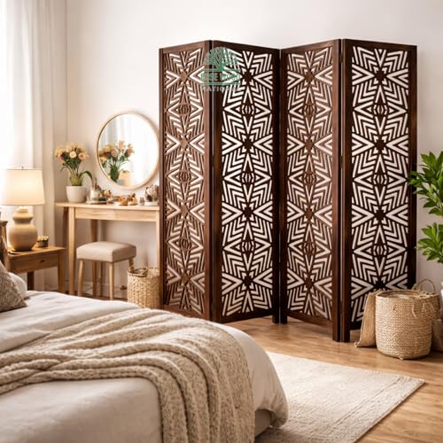 Image of Wooden Room Divider 6 Feet, 4-Panel Folding Wooden Partition for Living Room, Office, Pooja Room, Restaurant, Kitchen & Balcony (2W x 1.82H Meters). (Natural Brown-Lattice Pattern)