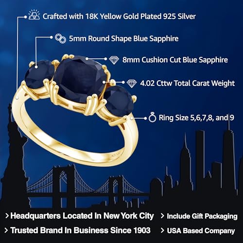 Gem Stone King 18K Yellow Gold Plated Silver Blue Sapphire 3 Stone Engagement Ring For Women (4.02 Cttw, Gemstone September Birthstone, Cushion 8MM and Round 5MM, Available in Size 5,6,7,8,9)2