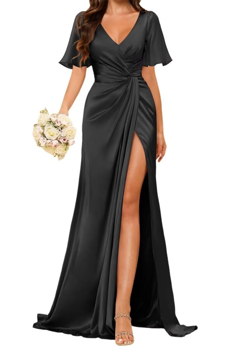 Wseyu Women's Black Ruffles Satin Bridesmaid Dresses Flutter Sleeve Party Prom Evening Gowns With Slit Maid Of Honor Gown Zm190 Uk18