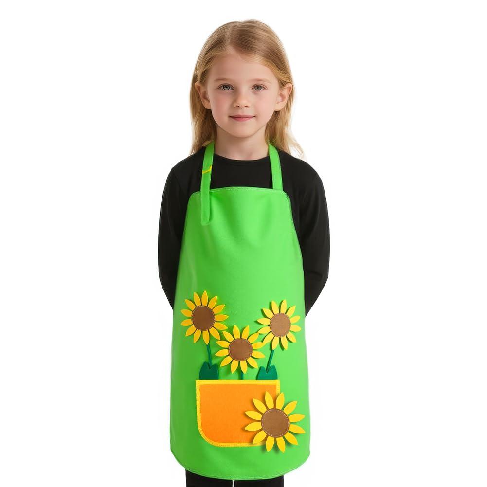 Alaoo Gärtnerschürze, DIY Gartenschürze Kostüm, Grün Gärtnerin Kostüm mit Sonnenblumen- und Wiese Applikationen, Unisex Design für Karneval und Mottopartys (Kinder)