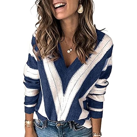 FEKOAFE Womens Soft Warm Sweaters Lightweight Pullover,Color Blocks Long Sleeve Sweatshirts with V Neck Sesign Blue White Plus Size XL Cover