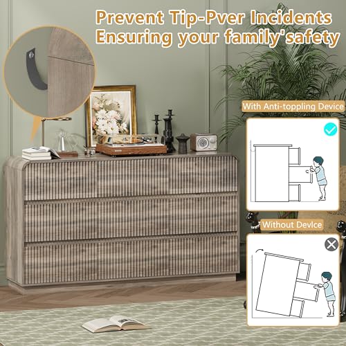 Image of Wodeer Grey Dresser Fluted 9 Drawers Dresser for Bedroom, 59 inch Wide Wood Chest of Drawers with Hidden Handles & Rounded Corners, Modern TV Stand Storage Cabinet for Living Room, Hallway, Entryway, Gray