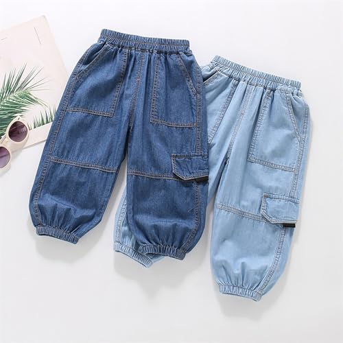 Kids Boys Cargo Jeans Pants Trousers Casual Denim Pants Multiple Pockets Elastic Waist Sweatpants with3