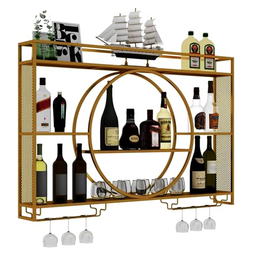 Botellero grande de metal montado en la pared, estante flotante industrial de 3 niveles con soporte de vidrio para cocina y sala de estar, elegante acabado dorado (120 cm)