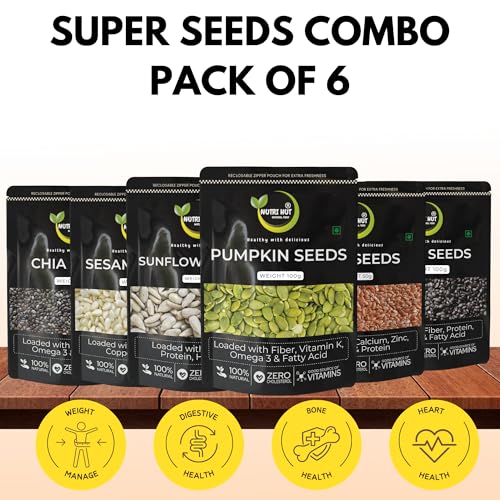 Image of Nutri Hut 6-in-1 Super Seeds Combo Pack | Pumpkin, Sunflower, Flax, Chia, Basil (Sabja) & Sesame Seeds | 100g Each | Rich in Protein, Fiber & Omega 3 | 100% Natural | Superfood for Energy (600g)