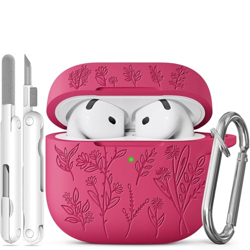 Image of for Airpods 4 Case, Ekoonpft Flower Engraved Cases for Apple AirPods 4th Generation 2024, Soft Silicone Cover for Women Girly with 3-in-1 Cleaning Kit & Keychain, Anti-Scratch, Shockproof, Garnet Red