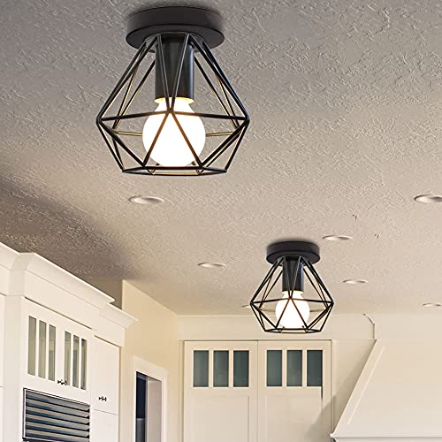 STOEX Lot de 2 Plafonnier Industrielle en Métal Fer Forge, Lampe Lustre Cage forme Diamant Ø16cm, Luminaire éclairage E27 pour Chambre Entrée Couloir Café...