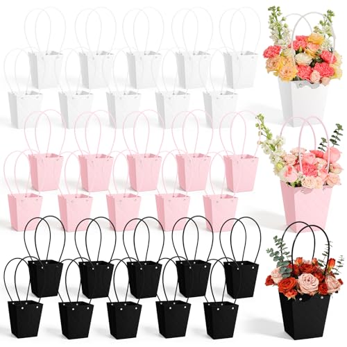 tchrules 30pcs Flower Box for Arrangement Waterproof Bouquet Wrapping Bag With Handle Pink White Black Paper Floral Box for Valentines Mothers Day Graduation Wedding Flower Bar Supplies 6.15.113.74 in
