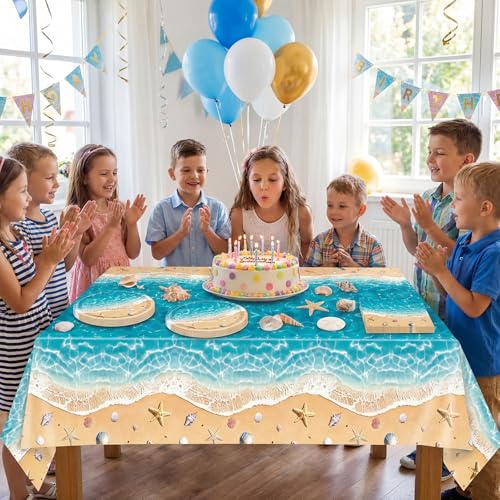 Image of Beach Birthday Party Decorations,41Pcs Disposable Ocean Waves Beach Dessert Plates Napkins Tablecloth Tableware Set Summer Pool Hawaiian Beach Party Supplies for Kids Baby Shower Birthday