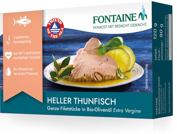 Fontaine - Heller Thunfisch in Bio-Olivenöl - 120 g – 5er Pack - Ganze Thunfischfilets aus 100% zertifizierter, nachhaltiger Fischerei und kontrolliertem Anbau