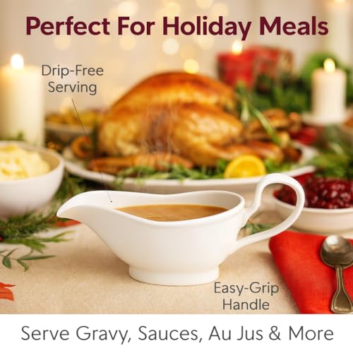 Image of HIC Kitchen Gravy Boat, Fine Porcelain, Pedestal Stand Design, 8-Ounce Capacity For Gravy, Sauce, Au Jus, Dressing, Holiday Meals, And Entertaining