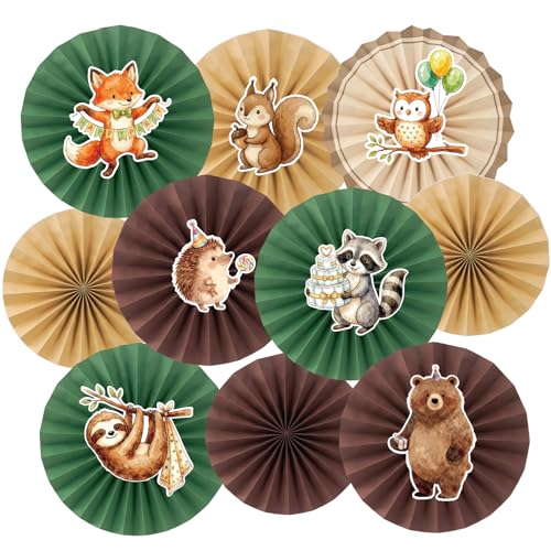 Image of Easy Joy Woodland Baby Shower Decorations Brown Green Hanging Paper Fans Animal Birhday Decorations for Wall Cute Animal Classroom Hanging Folding Fan Forest Themed Jungle Safari Birthday Party Decor