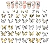 44Pcs 3D Butterfly Nail Charms Crystals Diamonds Rhinestones, Metal Alloy Gold Silver Nail Art Jewel