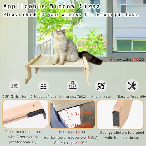 Indoor Cat Hammock Window Perch – Cordless cat Shelf seat with 4 Legs, Wood & Metal Frame with a Soft Bed No Drilling Required | Easy Adjustable 2 in 1 cat Bed for Windowsill, Floor & Bedside