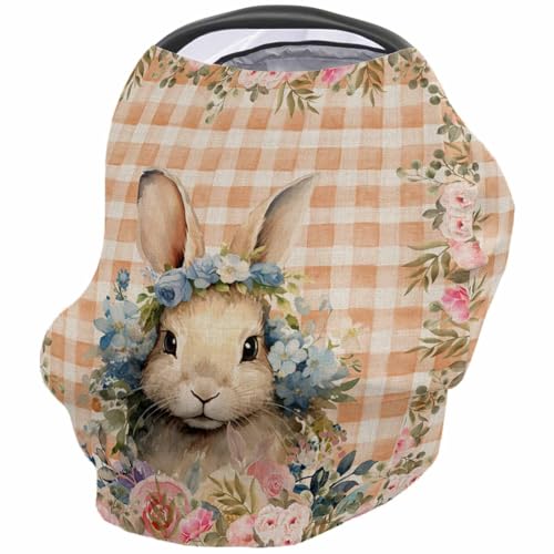 Nursing Cover for Breastfeeding Scarf, Yellow Buffalo Plaid Easter Bunny Flowers Baby Car Covers Super Soft Multi Use for Canopy Shopping Cart Cover Blanket Stroller Cover