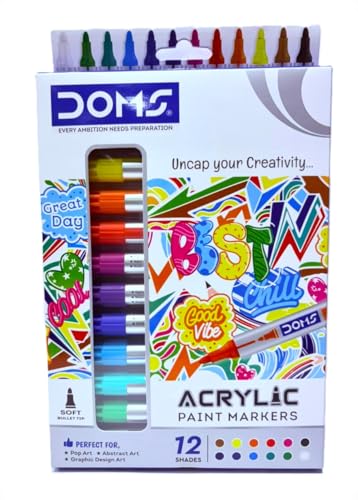 Image of Doms Acrylic Paint Marker- 12 Assorted Shades| Soft Bullet Tip| Bright & Rich Colours| Perfect For Pop, Abstract & Graphic Design Art| Pack of 1