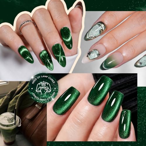 Image of AZUREBEAUTY 18ML Green Cat Eye Magnetic Gel Nail Polish | Green Glitter Gel Polish Magnetic Shimmer Effect Soak Off UV French Nail Art Design Salon DIY Manicure Gift for Women