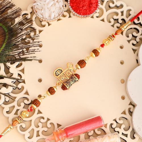 Image of Pride Store Traditional 10 Rakhiya Set, Decorative Thread Bracelets with Om and Ganesh Designs, Pearl and Crystal Beads, Red and Gold | Rakhiya For Family