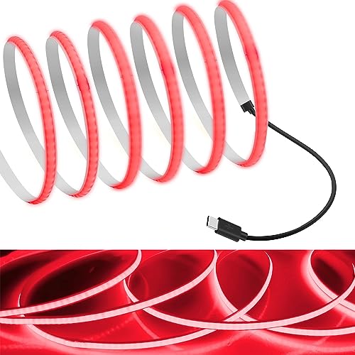 Image of MDee】Type C COB Tape Light LED Strip.9.84ft /3m- Flexible 5mm Hidden DC 5V LED Tape with 320 LEDs /m for Red Lighting. Cuttable, Shapeable, Type C Powered. Ideal for Kitchen