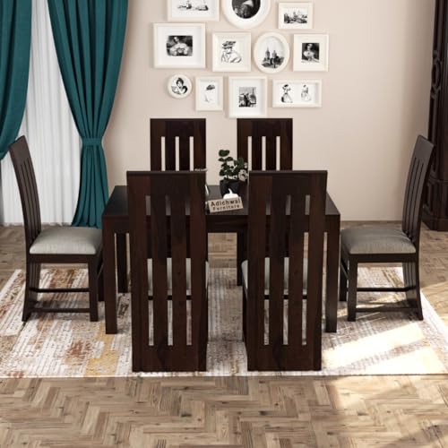 Image of Solid Sheesham Wood 6 Seater Dining Table Set with Cushioned Chairs for Dining Room | Living Room | Home & Office | Hotels Restaurant & Cafe (6 Seater, Walnut B)