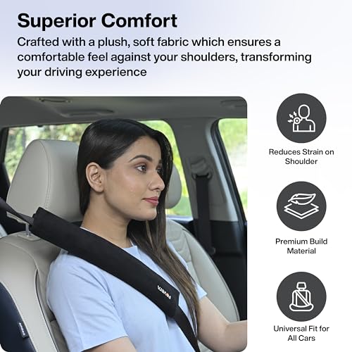 FOVERA Car Seat Belt Shoulder Pads (Pack of 2) Car Safety Belt Soft Pad Cover for Comfortable Driving, Universal Fit for All Cars and Backpack (Black Color, 12 Inch Length)