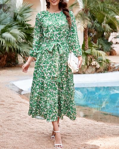 Image of YEXPINE Women's Ruffle Maxi Dress Puff Sleeve Flowy Tiered Long Dress with Belt