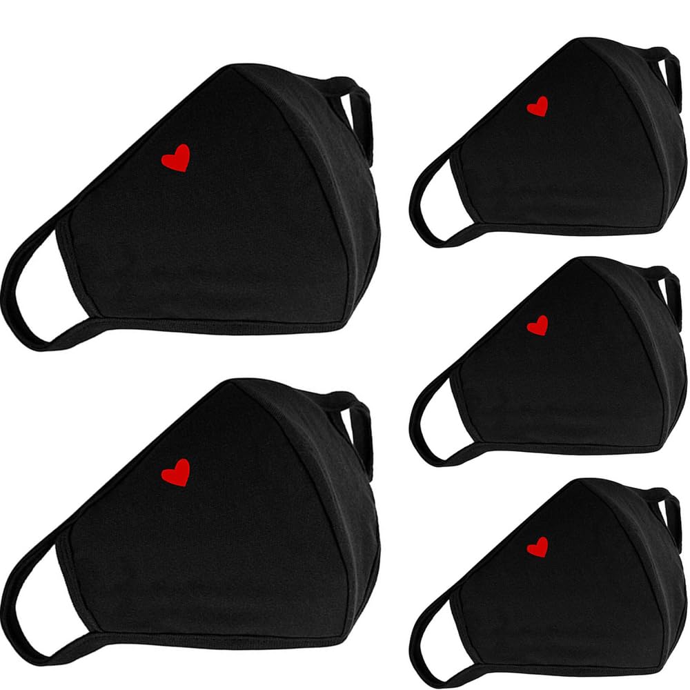 5 Pack Cute Heart Cloth Face Masks, Face Masks Reusable and Breathable Face Cotton Covering with Nose Bridge Wire for Men Women Adult