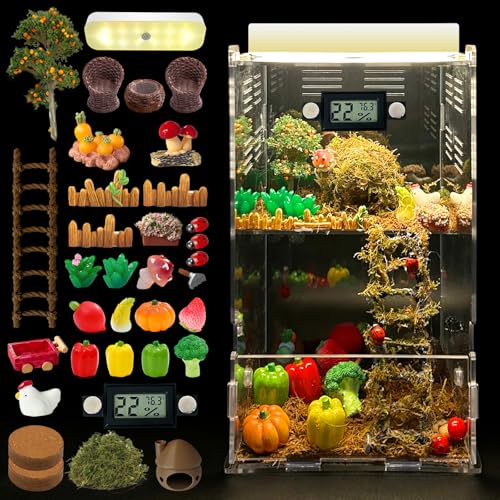 Image of Jumping Spider Enclosure,DIY Insects Habitat,Small Reptile Terrarium Glass House Accessories Set,with Temperature and Humidity Detector Water Feeder Platform Hide,5.5 inchx5.5 inchx9.5 inch (Farm)
