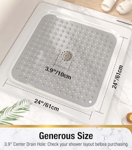 Image of HITSLAM Shower Bathtub Mat Non Slip, 24 inchx 24 inch Bath Mat for Tub, Soft PVC Shower Mats for Inside Shower with Suction Cups and Center Drain Hole, Machine Washable Bathroom Floor Mat, Grey