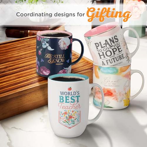 Image of Christian Art Gifts Floral Ceramic Coffee Mug - 15 oz. Microwave and Dishwasher-safe Inspirational Scripture Coffee and Tea Mug for Teachers with Bible Verse: World's Best Teacher - Ecclesiastes 2:26