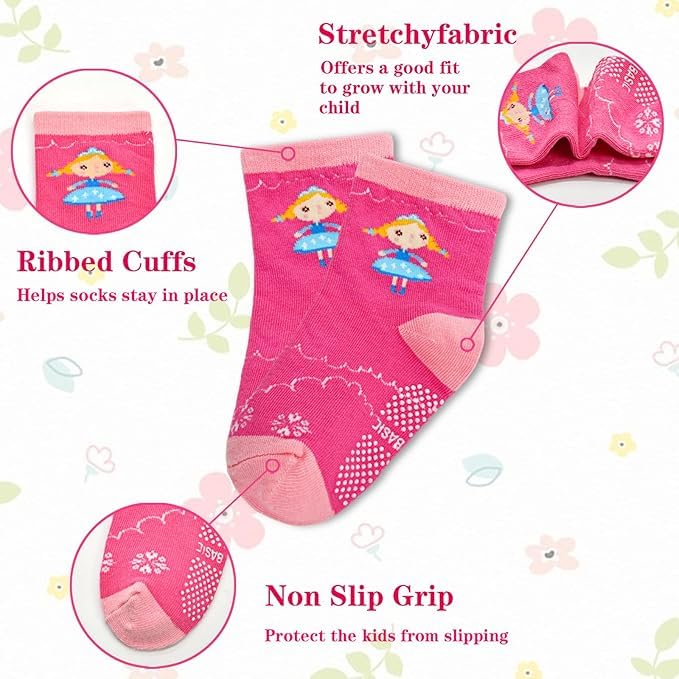 CUTEABLY Non-Skid Cotton Crew Socks, Assorted Print, for Baby Toddler Boys Girls, Pack of 3 (IN, Age, 18 Months, 24 Months, 3, Girl) 1
