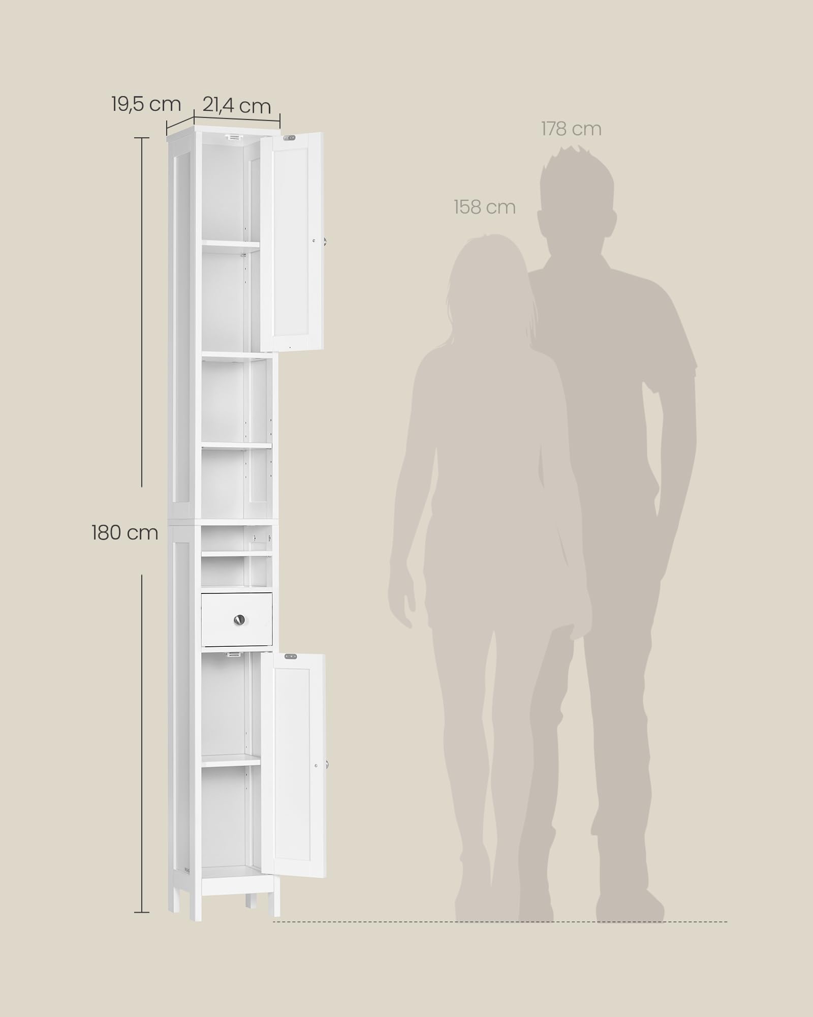 VASAGLE Colonne Salle de Bain Haute, Meuble Salle de Bain Etroit, avec Étagères Réglables, Tiroir, Compartiments Ouverts, pour Les Petits Espaces, Moderne, Blanc Nuage BBC765W01