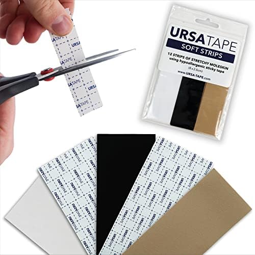URSA Tape, Stretchy Moleskin Fabric Tape 12-Pack Strips, Heavy-Duty No-Residue Fashion Tape and Body Tape for Fabric, Shoes, Skin and More. 8x2.5 cm
