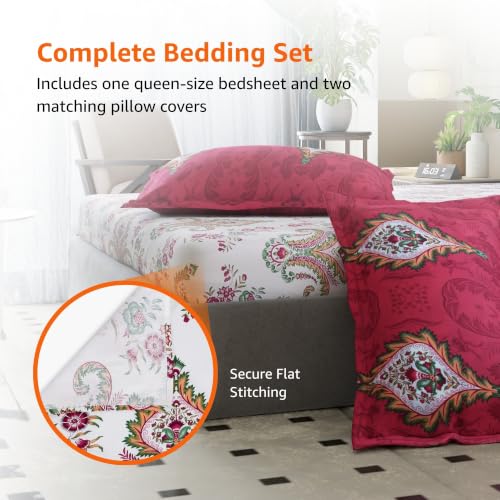Image of Amazon Basics - 100% Cotton Flat Bedsheet | 144TC |Queen Bed Sheet with 2 Pillow Cover|Soft Cotton | Floral Print | 90 Inch x 100 Inch, Beige