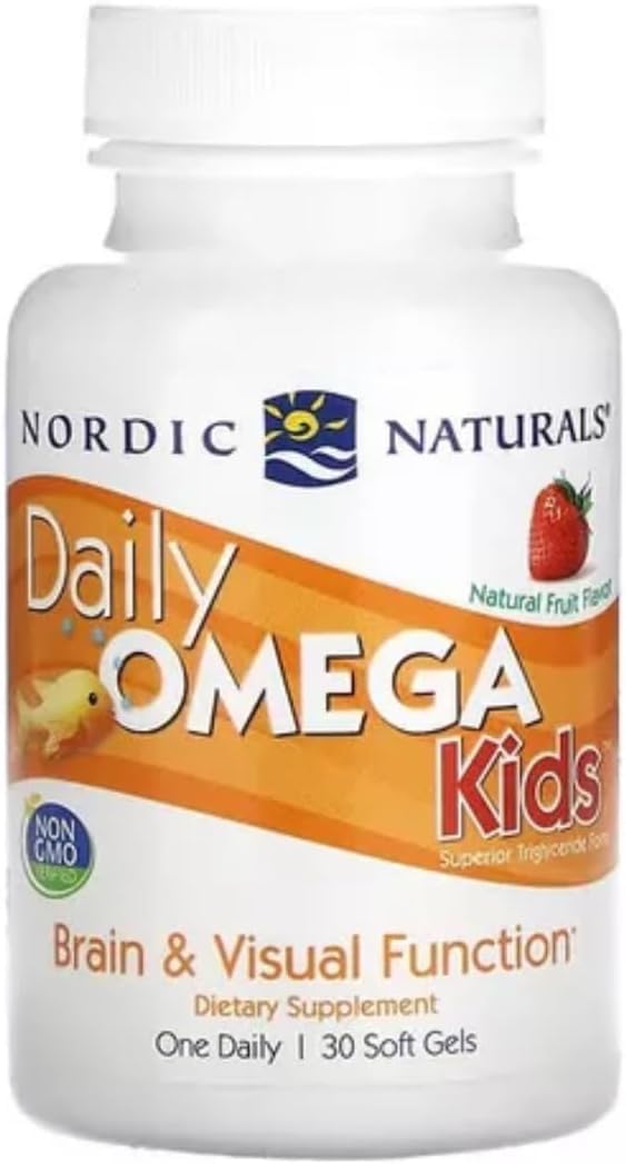 Nordic Naturals Daily Omega Kids | 340 Mg Omega 3 Fish Oil With EPA And DHA Supplement | Supports Brain Health & Visual Function In Kids DHA | Strawberry Flavour Fish Oil 30 Softgels