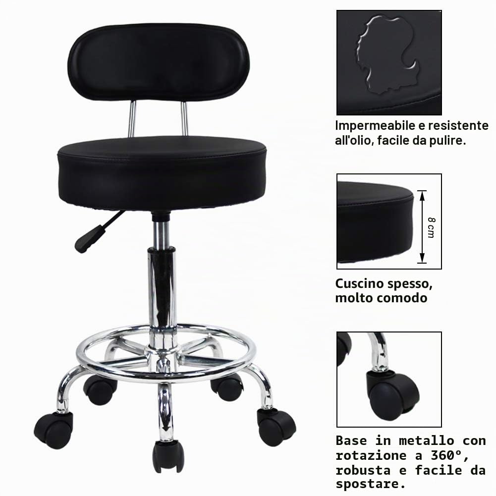 KKTONER Sgabello a rotelle con schienale basso e poggiapiedi regolabile in altezza in pelle PU Nero